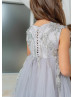 Gray Lace Tulle Beaded Elegant Flower Girl Dress